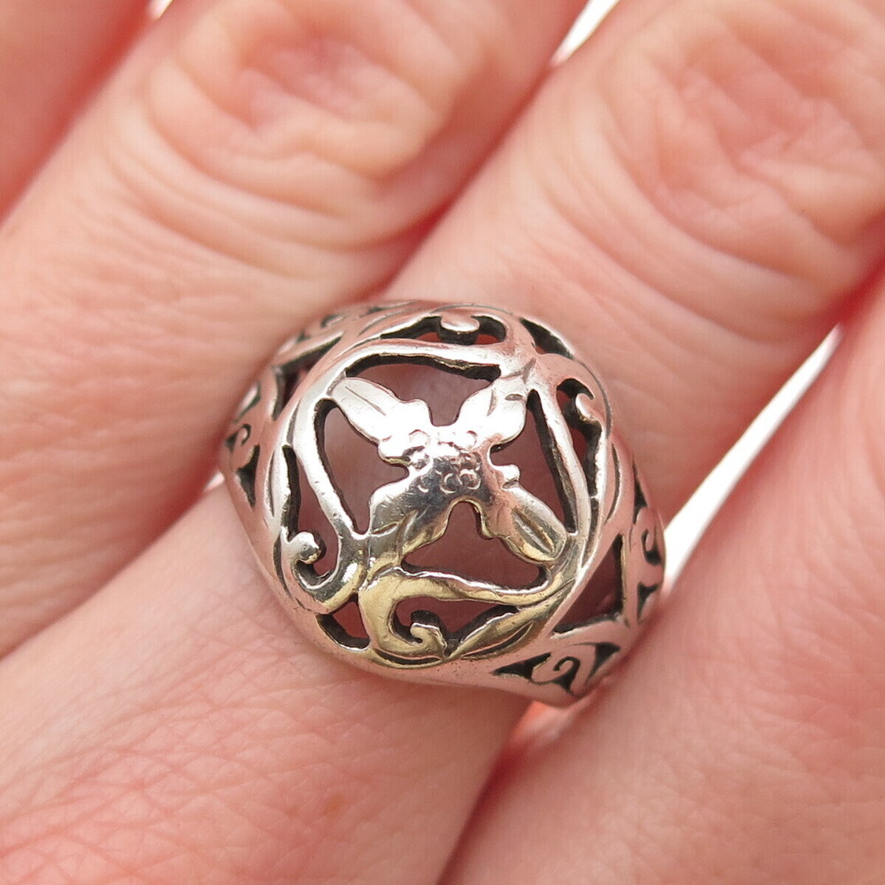 925 Sterling Silver Vintage Floral Ornate Oxidized Dome Ring Size 6